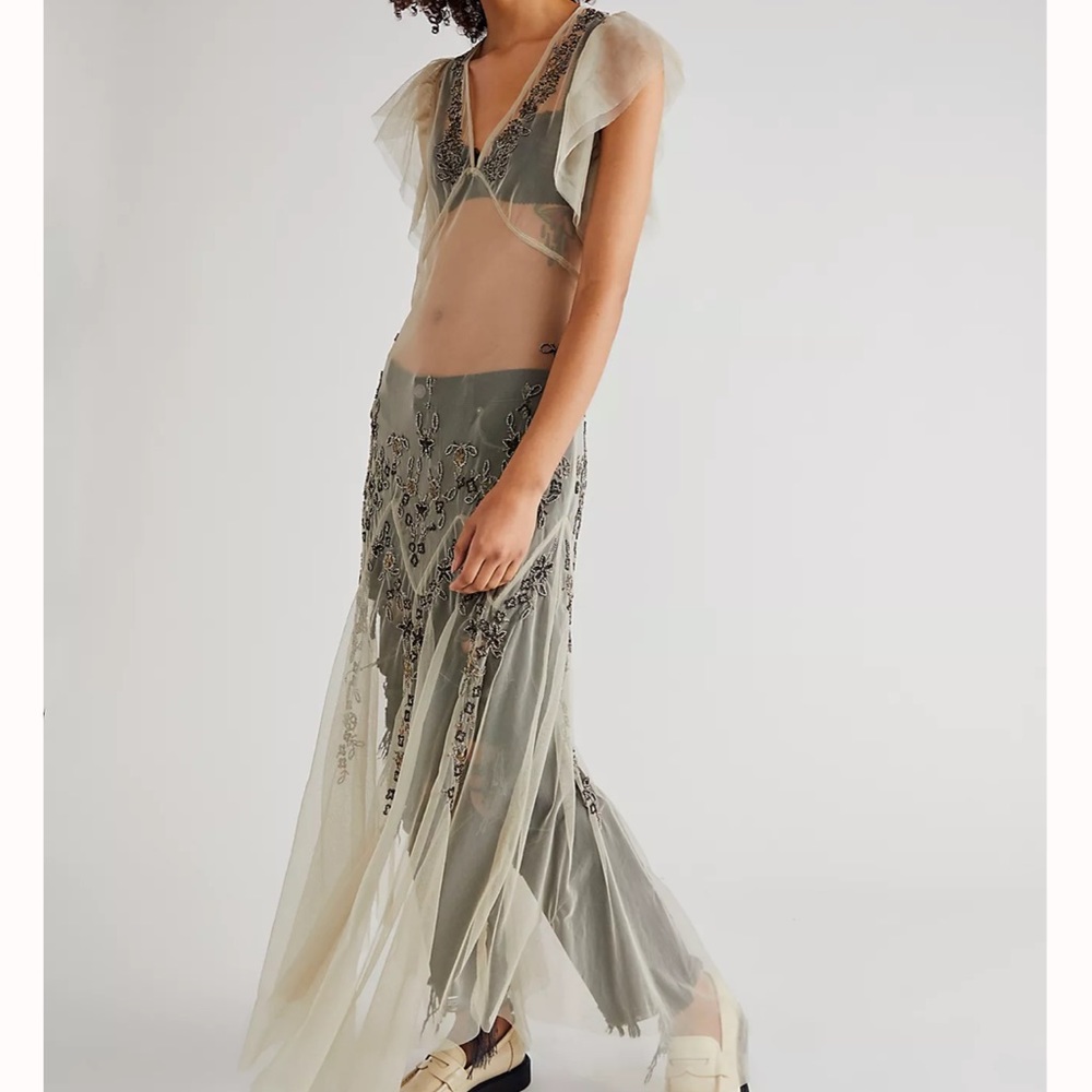 Free People Annabelle Beaded Embellished Mesh Maxi Slip Dress